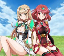 Rule 34 | 2girls, armor, bare shoulders, blonde hair, blush, breasts, cleavage, cleavage cutout, clothing cutout, cloud, cloudy sky, commentary, covered navel, day, dress, dual persona, earrings, elbow gloves, fingerless gloves, gem, gloves, grass, hair ornament, headpiece, highres, jewelry, kuro hopper, large breasts, long hair, looking at viewer, multiple girls, mythra (xenoblade), nintendo, pyra (xenoblade), red eyes, red hair, red shorts, short hair, short shorts, shorts, shoulder armor, sky, smile, swept bangs, thighhighs, tiara, very long hair, white dress, xenoblade chronicles (series), xenoblade chronicles 2, yellow eyes
