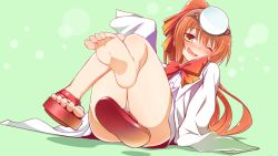 Rule 34 | 1girl, barefoot, blush, bow, bowtie, convenient censoring, feet, full body, headpiece, long hair, looking at viewer, lying, ole tower, on back, one eye closed, open mouth, orange hair, ponytail, red eyes, sandals, shoes, single shoe, sleeves past wrists, soles, solo, toes, water pump pliers (ole tower), yuto (dialique)