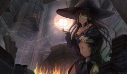 Rule 34 | 1girl, bad id, bad pixiv id, black hat, black skirt, bookshelf, bridal gauntlets, brown hair, cauldron, choker, collarbone, detached sleeves, fantasy, fire, flask, floating hair, from below, green eyes, groin, hat, highres, holding, holding flask, indoors, long hair, looking at viewer, magic, midriff, navel, original, pointy ears, shiny skin, skirt, smile, solo, standing, stomach, strapless, thighhighs, very long hair, witch, witch hat, yu ni t