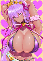 Rule 34 | 1girl, armpits, arms up, bb (fate), bb (fate) (all), bb (swimsuit mooncancer) (fate), bb (swimsuit mooncancer) (second ascension) (fate), belt, bikini, breasts, cleavage, commentary request, fate/extra, fate/extra ccc, fate/grand order, fate (series), hair ornament, hairband, highres, huge breasts, long hair, looking at viewer, navel, purple bikini, purple eyes, purple hair, smile, smirk, solo, star (symbol), star hair ornament, swimsuit, tan, very long hair, wide hips, wolffeld price