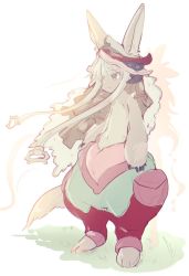 Rule 34 | 1girl, animal ears, bad id, bad twitter id, barefoot, ears through headwear, full body, furry, furry female, hat, highres, horns, long hair, looking to the side, made in abyss, namiki omu, nanachi (made in abyss), pants, solo, standing, tail, topless, white hair