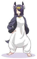 Rule 34 | 1girl, alternate costume, animal costume, cosplay, eyepatch, failure penguin, failure penguin (cosplay), frown, full body, hands on own hips, headgear, kantai collection, myama, penguin costume, solo, tenryuu (kancolle), white background, yellow eyes