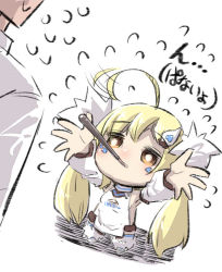 Rule 34 | 1boy, 1girl, afterimage, ahoge, ahoge wag, arms up, azur lane, bad id, bad pixiv id, bare shoulders, blonde hair, blush, breasts, brown eyes, chibi, commander (azur lane), commentary request, detached sleeves, dress, eldridge (azur lane), expressive hair, facial mark, flying sweatdrops, food, food in mouth, fur trim, hair ornament, jacket, long hair, mouth hold, out of frame, outstretched arms, pocky, puffy short sleeves, puffy sleeves, shadow, short sleeves, sleeveless, sleeveless dress, small breasts, standing, translation request, twintails, u-non (annon&#039;an), very long hair, white background, white dress, white jacket, white legwear, white sleeves