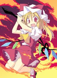 Rule 34 | 1girl, :d, ascot, blonde hair, blush, fang, female focus, fire, flandre scarlet, hat, hat ribbon, laevatein, looking at viewer, open mouth, red eyes, ribbon, satou kibi, side ponytail, skirt, smile, solo, spear the gungnir, touhou, wings