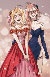 Rule 34 | 2girls, :d, ahoge, akamatsu kaede, alternate costume, alternate hairstyle, antenna hair, bare shoulders, bead bracelet, beads, blonde hair, blue dress, blush, bracelet, breasts, choker, cleavage, collarbone, commentary request, danganronpa (series), danganronpa v3: killing harmony, dress, elbow gloves, flower, flower request, gloves, grin, hair flower, hair ornament, happy, highres, holding hands, iruma miu, jewelry, jjilag, large breasts, long hair, medium breasts, multiple girls, open mouth, pink ribbon, red dress, red flower, ribbon, sideways glance, smile, striped clothes, striped dress, v arms