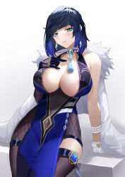 Rule 34 | 1girl, absurdres, arm support, asymmetrical gloves, bare shoulders, black bodysuit, black gloves, black hair, blue dress, blue hair, bob cut, bodysuit, breasts, choker, cleavage, covered navel, diagonal bangs, dice, dress, earrings, fishnets, fur-trimmed jacket, fur trim, gem, genshin impact, gloves, gradient hair, green eyes, hand on own chest, highres, hip vent, jacket, jewelry, large breasts, leaning, looking at viewer, mismatched gloves, mole, mole on breast, multicolored hair, parted lips, pelvic curtain, short hair, solo, tassel, two-tone hair, vision (genshin impact), white gloves, white jacket, wide hips, xiiinaam 98, yelan (genshin impact)