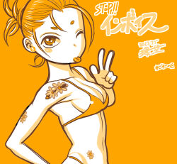 Rule 34 | 1girl, :p, arm tattoo, bikini, bikini day, breasts, flower tattoo, highres, looking at viewer, monochrome, one eye closed, orange background, original, short eyebrows, short hair, short ponytail, simple background, small breasts, solo, swimsuit, tamaki nozomu, tattoo, tongue, tongue out, upper body, v