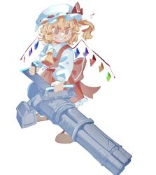 Rule 34 | 1girl, ascot, blonde hair, commentary, crystal, english commentary, ezier, flandre scarlet, gatling gun, grin, gun, hat, hat ribbon, holding, holding gun, holding weapon, long hair, long sleeves, mob cap, multicolored wings, one side up, red eyes, red skirt, red vest, ribbon, side ponytail, skirt, skirt set, smile, solo, touhou, vest, weapon, white hat, wings, yellow ascot
