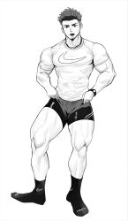 Rule 34 | 1boy, absurdres, bara, bulge, facial hair, full body, greyscale, highres, large pectorals, leggings under shorts, lifting own clothes, looking at viewer, male focus, monochrome, muscular, muscular male, nike (company), original, pectorals, shirt, short hair, shorts lift, sideburns, sideburns stubble, socks, solo, sparse leg hair, sparse stubble, standing, stubble, thick eyebrows, thick thighs, thighs, tight clothes, tight shirt, yottsuu (wgnd2sywpqzrgjz)