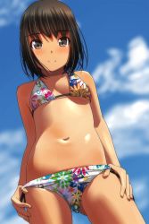 Rule 34 | 1girl, absurdres, bare arms, bare shoulders, bikini, black hair, blue sky, blurry, blurry background, blush, breasts, brown eyes, closed mouth, cloud, cloudy sky, cowboy shot, day, depth of field, floral print, gluteal fold, highres, looking at viewer, matsunaga kouyou, navel, nose blush, original, outdoors, print bikini, sky, small breasts, smile, solo, standing, swimsuit, white bikini