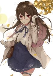 Rule 34 | 1girl, anchor earrings, arm at side, autumn, autumn leaves, azur lane, bag, black hair, blazer, blue ribbon, blue skirt, blunt bangs, braid, breasts, buttons, commentary request, cowboy shot, dress, earrings, falling leaves, glasses, gloves, hair between eyes, hair ornament, hand in own hair, hand up, handbag, highres, hoshimiya mashiro, jacket, jewelry, leaf, london (azur lane), long hair, long sleeves, looking at viewer, medium breasts, neck ribbon, open clothes, open jacket, pleated skirt, red-framed eyewear, red eyes, ribbon, semi-rimless eyewear, skirt, smile, solo, thigh strap, under-rim eyewear, white gloves, wind, wing collar