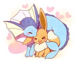 Rule 34 | blush, closed eyes, creatures (company), eevee, evolutionary line, fins, forked tail, game freak, gen 1 pokemon, heart, nintendo, no humans, open mouth, pokemon, pokemon (creature), sitting, smile, standing, tail, vaporeon, wataame (tulip)