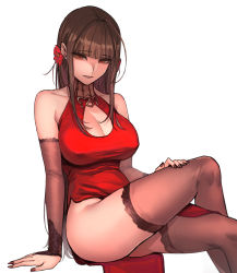 Rule 34 | 1girl, arm support, bare shoulders, black panties, black thighhighs, blunt bangs, breasts, bridal gauntlets, brown hair, china dress, chinese clothes, cleavage, cleavage cutout, clothing cutout, collarbone, commentary, crossed legs, dress, dsr-50 (girls&#039; frontline), dsr-50 (red peony) (girls&#039; frontline), flower, girls&#039; frontline, hair flower, hair ornament, half-closed eyes, hand on leg, hand on own thigh, highres, lace, lace-trimmed legwear, lace trim, large breasts, long hair, looking at viewer, nail polish, official alternate costume, panties, parted lips, red dress, red eyes, revision, side slit, sidelocks, simple background, sitting, smile, solo, studs, sungwon, thighhighs, thighs, underwear, white background