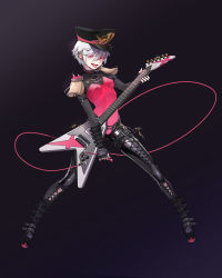 Rule 34 | 1girl, :d, absurdres, barbell piercing, belt, black background, breasts, cable, collar, colored eyelashes, cross-laced clothes, ear piercing, earrings, electric guitar, epaulettes, fei mao, fingerless gloves, forked tongue, fringe trim, full body, gloves, gradient background, guitar, hat, highres, industrial piercing, instrument, jewelry, leather, looking at viewer, medium breasts, open mouth, original, peaked cap, piercing, platform footwear, red eyes, see-through body, shiny clothes, short hair, shoulder spikes, skeleton, slit pupils, smile, solo, spiked collar, spikes, stud earrings, teeth, tongue, tongue out, tsurime, upper teeth only, very short hair, white hair