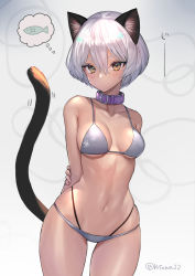 Rule 34 | 1girl, animal ears, arms behind back, bikini, black tail, bob cut, breasts, cat ears, cat tail, collar, cowboy shot, gradient background, grey bikini, highres, hitowa, looking at viewer, medium breasts, navel, original, silver hair, simple background, solo, swimsuit, tail, thinking, wide hips, yellow eyes