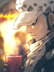 Rule 34 | 1boy, archived source, bad id, bad twitter id, close-up, coat, commentary request, cup, earrings, gloves, hat, highres, holding, holding cup, jewelry, looking down, male focus, one piece, potechi norisio, profile, scarf, sideburns, trafalgar law