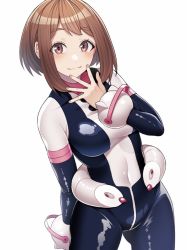 Rule 34 | 1girl, blush, bodysuit, boku no hero academia, breasts, brown eyes, brown hair, closed mouth, commentary, covered collarbone, covered navel, cowboy shot, dot nose, eyes visible through hair, gluteal fold, hand on own chin, highres, kobaji, large breasts, long sleeves, looking at viewer, shiny clothes, short hair, simple background, smile, solo, spread fingers, tight clothes, uniform, uraraka ochako, white background