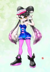 Rule 34 | 1girl, ankle boots, arm at side, arm up, bare shoulders, black footwear, black hair, blue jumpsuit, boots, bow-shaped hair, breasts, callie (splatoon), closed mouth, collar, commentary request, covered navel, detached collar, earrings, floral background, full body, gloves, gradient hair, green background, highres, hoop earrings, inkling, jewelry, jumpsuit, koharu2.5, long hair, long pointy ears, mole, mole under eye, multicolored hair, nintendo, pantyhose, pink hair, pink pantyhose, pink pupils, pointy ears, short jumpsuit, small breasts, smile, solo, sparkle, splatoon (series), splatoon 1, standing, star-shaped pupils, star (symbol), suction cups, swept bangs, symbol-shaped pupils, tentacle hair, thick eyebrows, twintails, two-tone hair, w, white collar, white gloves, yellow eyes