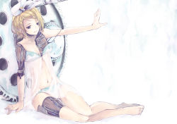 Rule 34 | 1girl, android, babydoll, bad id, bad pixiv id, barefoot, black eyes, blonde hair, gears, half-closed eyes, kagamine rin, mayumelo, mechanical arms, mechanical parts, outstretched arm, short hair, single mechanical arm, sitting, solo, strap slip, underwear, underwear only, vocaloid