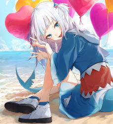 Rule 34 | 1girl, :d, absurdres, balloon, beach, blue eyes, blue hair, blue hoodie, blue sky, blunt bangs, cloud, commentary, day, double v, fingernails, fins, fish tail, gawr gura, gawr gura (1st costume), hair ornament, happy, head tilt, heart balloon, highres, hololive, hololive english, hood, hood down, hoodie, long hair, long sleeves, looking at viewer, matsunaga777, multicolored hair, ocean, open mouth, outdoors, sand, shadow, shark girl, shark hair ornament, shark print, shark tail, sharp teeth, shoes, silver hair, sitting, sky, smile, sneakers, solo, streaked hair, tail, teeth, two side up, v, virtual youtuber, white footwear, wide sleeves