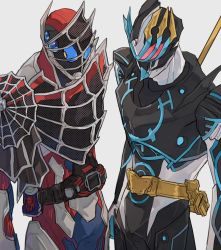 Rule 34 | 2boys, armor, asymmetrical horns, bbbb fex, black armor, blue eyes, blue horns, crossover, demons driver, driver (kamen rider), extra eyes, face-to-face, gold belt, gold horns, highres, holding, holding weapon, horns, kamen rider, kamen rider: beyond generations, kamen rider demons, kamen rider durendal, kamen rider revice, kamen rider saber (series), mismatched horns, multiple boys, polearm, red armor, red eyes, rider belt, silk, spider genome, spider web, spider web print, trident, vistamp, weapon, white background