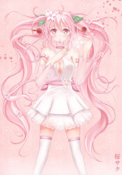 Rule 34 | 1girl, breasts, character name, cherry, choker, cleavage, detached sleeves, dress, flower, food, fruit, hair flower, hair ornament, hand on own chest, hatsune miku, highres, long hair, minamixdrops, mouth hold, petals, pink eyes, pink hair, sakura miku, see-through, solo, thighhighs, twintails, very long hair, vocaloid