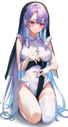 Rule 34 | 1girl, between legs, blush, breasts, clothes lift, cross, cross necklace, frilled leotard, frilled sleeves, frills, headdress, highres, jewelry, kneeling, large breasts, legs together, leotard, long hair, necklace, nun, original, purple hair, red eyes, refla, single thighhigh, skirt, skirt lift, solo, thighhighs, thighs, very long hair, white leotard, white thighhighs