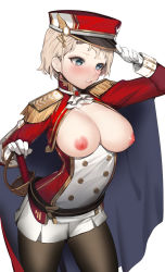 Rule 34 | 1girl, absurdres, bad id, bad pixiv id, belt, black belt, black pantyhose, blonde hair, blue eyes, blush, breasts, breasts out, cape, cropped jacket, epaulettes, fortissimo, gloves, hair ornament, hat, highres, jacket, jam (nandade), large breasts, looking away, military, military uniform, miniskirt, musical note, musical note hair ornament, nipples, nose blush, original, pantyhose, parted lips, peaked cap, pleated skirt, puffy nipples, red jacket, short hair, skirt, solo, sword, uniform, weapon, white background, white gloves, white skirt
