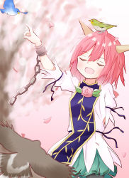 Rule 34 | 1girl, :d, absurdres, animal, animal on head, arm behind back, bird, bird on head, blouse, blurry, blurry background, chinese clothes, cowboy shot, cuffs, closed eyes, fang, flower, green skirt, highres, horns, ibaraki douji&#039;s arm, ibaraki kasen, index finger raised, karuthi, leaf, on head, open mouth, petals, pink flower, pink hair, pink rose, rose, shackles, shirt, short hair, short sleeves, skin fang, skirt, smile, standing, tabard, touhou, tree, white shirt