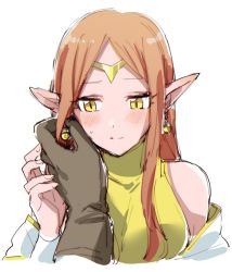 Rule 34 | 1boy, 1girl, blush, brown hair, chronoa, colored skin, dragon ball, dragon ball heroes, dress, earrings, gloves, hand on another&#039;s face, hetero, jewelry, long hair, pink skin, pointy ears, supreme kai of time, yellow dress, yellow eyes