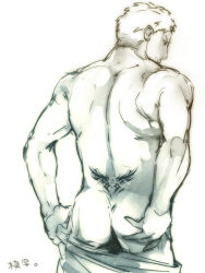 Rule 34 | 1boy, ass, ass grab, bara, blonde hair, clothes pull, feet out of frame, from behind, grabbing own ass, implied yaoi, kyosuke, male focus, muscular, muscular male, pants, pants pull, reiner braun, shingeki no kyojin, short hair, sketch, solo, standing, topless male
