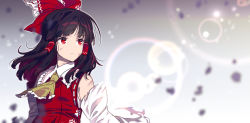 Rule 34 | 1girl, ascot, bare shoulders, blunt bangs, bow, brown hair, closed mouth, commentary request, detached sleeves, dirty, dirty face, eyelashes, feet out of frame, frilled ascot, frilled bow, frilled shirt collar, frills, gradient background, hair bow, hair tubes, hakurei reimu, highres, lens flare, long hair, long sleeves, looking to the side, nontraditional miko, paw print, red eyes, red vest, ribbon trim, serious, solo, standing, straight hair, torn clothes, torn sleeves, touhou, upper body, vest, white sleeves, wily beast and weakest creature, yellow ascot, zounose