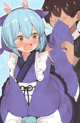 Rule 34 | 1boy, 1girl, apron, aqua hair, blush, commentary request, dragon girl, dragon horns, dragon tail, duel monster, highres, holding another&#039;s tail, horns, laundry dragonmaid, maid, maid apron, no eyes, shy, smelling, suzuki toto, tail, wa maid, wavy mouth, white apron, yellow eyes, yu-gi-oh!