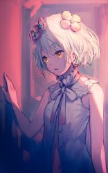 Rule 34 | 1girl, bare shoulders, blank eyes, commentary, flower, glowing, hair between eyes, hair flower, hair ornament, hand on wall, kudou chitose, looking down, makihitsuji, navel, nijisanji, open clothes, open mouth, pink flower, ribbon, shade, shaded face, short hair, sketch, sleeveless, solo, standing, upper body, virtual youtuber, wavy hair, white hair, yellow eyes