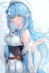 Rule 34 | 1girl, absurdres, ahoge, auui, beret, blouse, blue bow, blue bowtie, blue coat, blue hair, blush, bow, bowtie, breasts, coat, collared shirt, colored tips, corset, daifuku (yukihana lamy), elf, flower, hair between eyes, hair flower, hair ornament, half updo, hat, heart, heart ahoge, highres, hololive, long hair, looking at viewer, medium breasts, multicolored hair, off shoulder, open can, parted lips, pointy ears, shirt, sleeveless, sleeveless shirt, solo, standing, streaked hair, very long hair, virtual youtuber, white flower, white hat, white shirt, yellow eyes, yukihana lamy