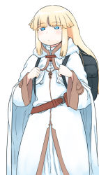 Rule 34 | 1girl, :&lt;, amnesia (idea factory), backpack, bag, blonde hair, blue eyes, cape, character request, commentary request, long hair, robe, solo, tsukudani (coke-buta), white background, wide sleeves