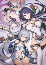 Rule 34 | absurdres, ahoge, armor, bare shoulders, bilibili xiaolu, black gloves, blue eyes, blue hair, bow, breasts, bronya zaychik, bronya zaychik (herrscher of truth), cleavage, closed mouth, clothing cutout, dress, drill hair, gloves, grey eyes, grey hair, hair between eyes, hair bow, hair ornament, high ponytail, highres, honkai (series), honkai impact 3rd, jewelry, kiana kaslana, kiana kaslana (herrscher of finality), large breasts, long hair, looking at viewer, medium breasts, multicolored hair, multiple girls, open mouth, ponytail, purple eyes, purple hair, raiden mei, raiden mei (herrscher of origin), sidelocks, small breasts, smile, stomach cutout, thighhighs, very long hair, white dress, white hair, white thighhighs