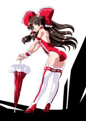 Rule 34 | 1girl, alternate costume, armband, ass, bare back, bare shoulders, bow, brown eyes, brown hair, closed umbrella, clothes writing, cuffs, female focus, hair bow, hair tubes, hakurei reimu, high heels, leotard, long hair, looking back, open mouth, planted, planted umbrella, race queen, red leotard, shirai sanjirou, shoes, striped clothes, striped thighhighs, thighhighs, touhou, umbrella, very long hair, wrist cuffs