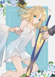 Rule 34 | 1girl, 3others, absurdres, ahoge, artoria pendragon (all), artoria pendragon (fate), barefoot, blonde hair, border, breasts, cleavage, commentary request, excalibur (fate/stay night), fate/stay night, fate (series), flower, green eyes, hair down, highres, looking at viewer, medium breasts, multiple others, nayu tundora, nightgown, official alternate costume, parted lips, saber (fate), small breasts, solo, weapon, white border