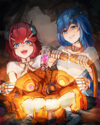 Rule 34 | 2girls, absurdres, android, blue eyes, blue hair, cable, electricity, fingers together, hair between eyes, halloween, highres, holding, holding cable, jack-o&#039;-lantern, joints, light, long hair, multiple girls, open mouth, original, red hair, robot joints, shirt, short sleeves, siblings, sisters, smile, taiu, white shirt
