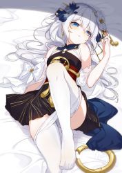 Rule 34 | 1girl, absurdres, blue eyes, blush, clothes pull, commentary, dress, earrings, flower, from above, hair between eyes, hair flower, hair ornament, half-closed eyes, highres, honkai (series), honkai impact 3rd, jewelry, leg up, long hair, looking at viewer, lying, on back, on bed, pantyhose, pantyhose pull, pleated dress, short dress, silver hair, solo, sylvia (huajiuhuajiu), theresa apocalypse, zhuge kongming (honkai impact), zhuge kongming (honkai impact)