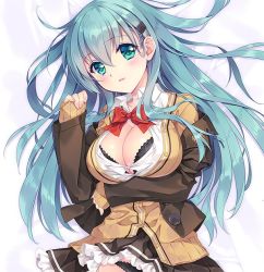 Rule 34 | 10s, 1girl, aqua eyes, aqua hair, bad id, bad twitter id, black bra, black panties, blazer, blouse, blue hair, blush, bow, bowtie, bra, breast hold, breast press, breasts, brown jacket, brown skirt, brown sweater, buttons, cardigan, carnelian, cleavage, clothes lift, collarbone, frilled skirt, frills, from above, hair between eyes, hair ornament, hairclip, hand up, head tilt, jacket, kantai collection, large breasts, long hair, long sleeves, looking at viewer, lying, miniskirt, on back, open clothes, open jacket, open shirt, panties, parted lips, partially unbuttoned, pleated skirt, red bow, red bowtie, remodel (kantai collection), school uniform, shiny skin, shirt, skirt, skirt lift, sleeves past wrists, smile, solo, suzuya (kancolle), sweater, unbuttoned, unbuttoned shirt, underwear, white shirt, wing collar