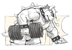 Rule 34 | 0rang3, 1boy, bara, baseball cap, biceps, bowser, bracelet, closed eyes, collar, dumbbell, exercising, facial hair, furry, furry male, goatee, gym shorts, hat, highres, horns, jewelry, male focus, mario (series), muscular, muscular male, nintendo, partially colored, shorts, sketch, solo, spiked bracelet, spiked collar, spiked shell, spiked tail, spikes, sweat, tail, tank top, thick eyebrows, veins