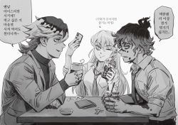 Rule 34 | 1girl, 2boys, ;), arrow (symbol), body markings, brother and sister, brown theme, cellphone, collared shirt, cup, daki (kimetsu no yaiba), disposable cup, douma (kimetsu no yaiba), dress shirt, drink, drinking straw, egyuuu, facial mark, flipped hair, gradient hair, gyuutarou (kimetsu no yaiba), hair between eyes, hands up, highres, holding, holding cup, holding phone, jacket, kimetsu gakuen, kimetsu no yaiba, korean commentary, korean text, long hair, long sleeves, looking at another, monochrome, multicolored hair, multiple boys, nail polish, necktie, one eye closed, phone, print hair, profile, school uniform, selfie, shirt, siblings, simple background, sitting, sleeves rolled up, smile, streaked hair, sweater, table, topknot, translation request, turtleneck, turtleneck sweater
