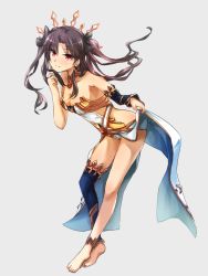 Rule 34 | 1girl, anklet, armlet, asymmetrical legwear, bare arms, bare legs, bare shoulders, barefoot, black detached sleeves, black hair, black ribbon, blue thighhighs, breasts, cleavage, crown, detached sleeves, earrings, fate/grand order, fate (series), feet, female focus, floating hair, full body, gem, hair ribbon, hellnyaa, highres, hoop earrings, ishtar (fate), jewelry, leaning, leaning forward, legs, long hair, looking at viewer, medium breasts, neck, neck ring, red eyes, revealing clothes, ribbon, shiny skin, simple background, single sleeve, single thighhigh, smile, solo, standing, thighhighs, thighlet, toeless legwear, toes, tohsaka rin, two side up, type-moon, uneven legwear