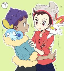 Rule 34 | 2boys, ?, beanie, black pants, blue jacket, blue pants, cable knit, carrying, closed mouth, creatures (company), dark-skinned male, dark skin, fur trim, game freak, gen 8 pokemon, green background, hands on another&#039;s shoulders, hat, hop (pokemon), jacket, looking at another, male focus, mikanbako (aitatadon3), multiple boys, nintendo, open mouth, outline, pants, piggyback, pokemon, pokemon (creature), pokemon swsh, purple hair, red eyes, red shirt, scorbunny, shirt, simple background, sleeping, sobble, spoken question mark, trembling, victor (pokemon), white outline, yellow eyes