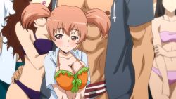 Rule 34 | 2boys, 3girls, animated, animated gif, anime screenshot, bikini, blush, breast press, breasts, brown eyes, brown hair, cleavage, curvy, hataraku maou-sama!, large breasts, lowres, multiple boys, multiple girls, naughty face, open clothes, open shirt, sasaki chiho, shirt, short hair, smile, swimsuit, twintails