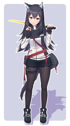 Rule 34 | 1girl, :p, absurdres, animal ear fluff, animal ears, arknights, bag, black capelet, black footwear, black gloves, black hair, black pantyhose, black shorts, border, buckle, capelet, closed mouth, commission, fingerless gloves, food, full body, gloves, highres, holding, holding food, holding sword, holding weapon, jacket, pantyhose under shorts, long hair, long sleeves, looking at viewer, outside border, pantyhose, pocky, purple background, rynzfrancis, shoes, short shorts, shorts, simple background, smile, solo, standing, star (symbol), sword, tail, texas (arknights), thigh strap, tongue, tongue out, twitter username, weapon, white border, white jacket, wolf ears, wolf girl, wolf tail, yellow eyes