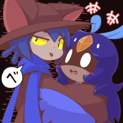 Rule 34 | 1girl, 1other, alula (oneshot), androgynous, animal hat, black background, blue feathers, blue hair, blue scarf, blush, cat hat, colored sclera, commentary request, crepix, dark skin, feathers, hair between eyes, hat, niko (oneshot), oneshot (game), open mouth, scarf, simple background, sleeves past wrists, slit pupils, tongue, tongue out, wings, yellow sclera