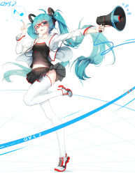 Rule 34 | 1girl, :p, ahoge, aqua eyes, aqua hair, bespectacled, full body, glasses, hatsune miku, highres, index finger raised, long hair, megaphone, musical note, navel, one eye closed, outstretched arm, qys3, skirt, solo, standing, standing on one leg, thighhighs, tongue, tongue out, twintails, very long hair, vocaloid, white background, white thighhighs
